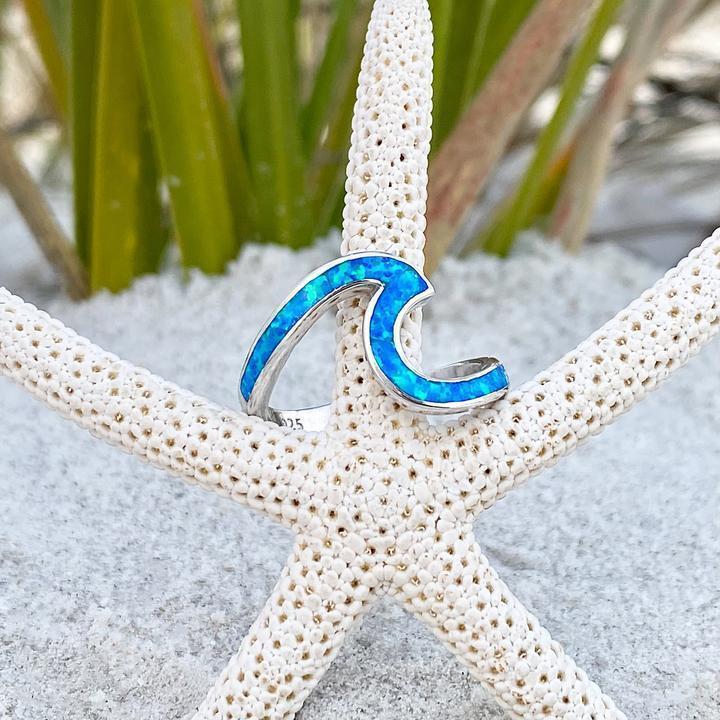 Bague de vagues marines en opale et en argent