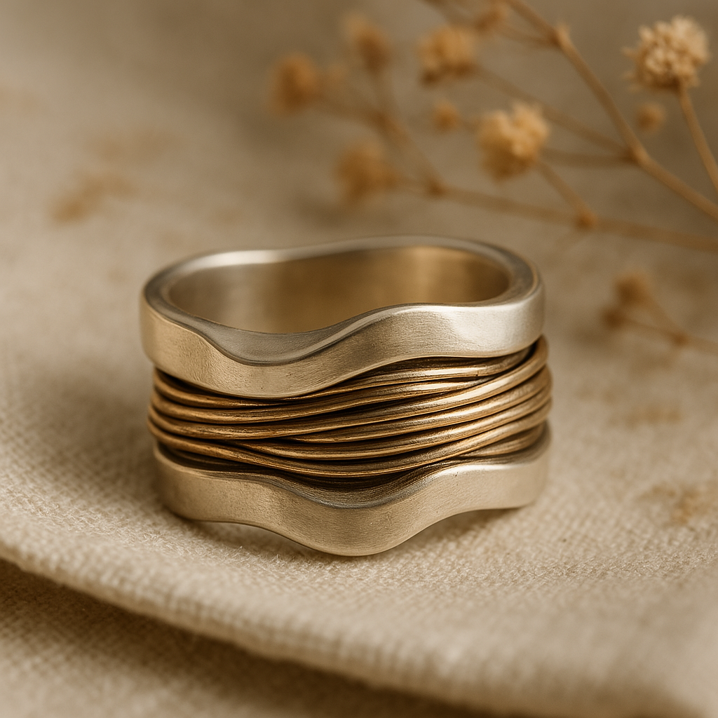 Bague forgée en argent avec des cheveux d'ange en or