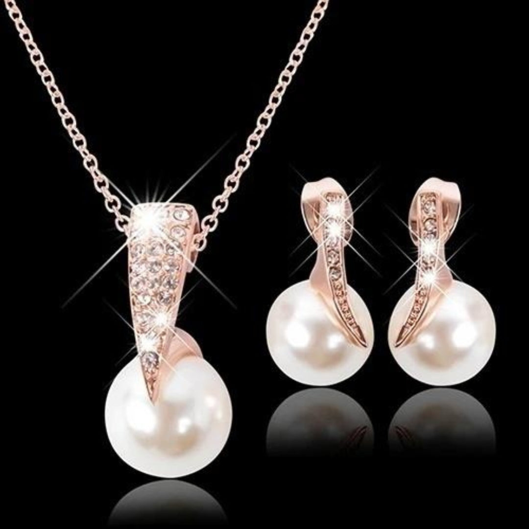 Élégant Ensemble de Collier et Boucles d'Oreilles en Perles d'Or Rose