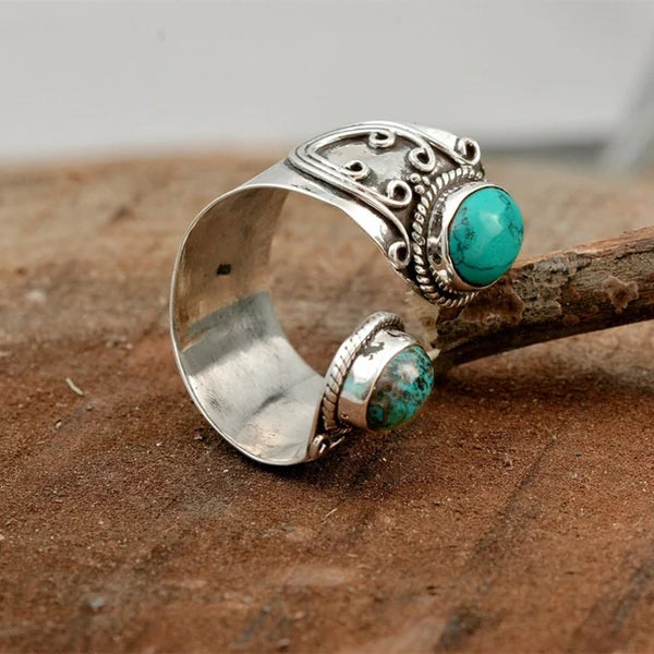 Bague réglable avec double incrustation de turquoise