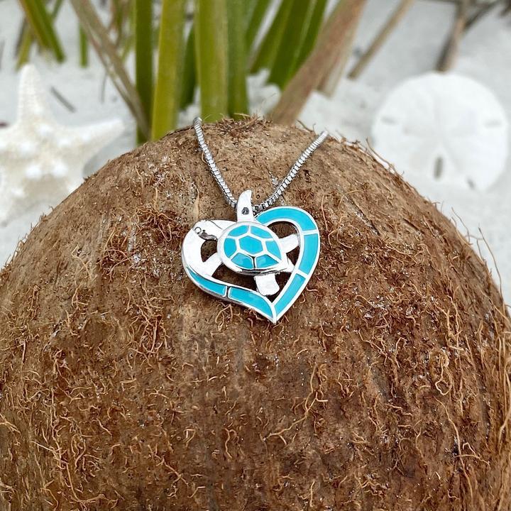 Collier Tortue Cœur Bleu et Silver