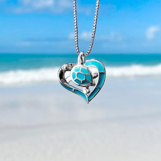 Collier Tortue Cœur Bleu et Silver