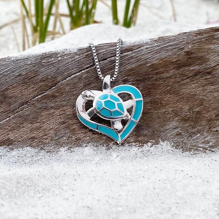 Collier Tortue Cœur Bleu et Silver