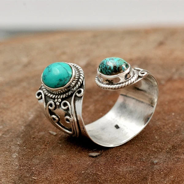 Bague réglable avec double incrustation de turquoise