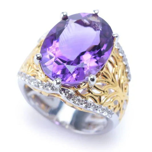 Bague Vintage en Verre Lila Or et Argent