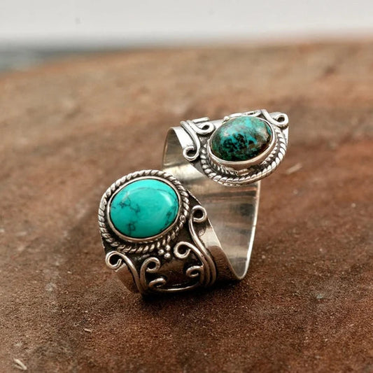 Bague réglable avec double incrustation de turquoise