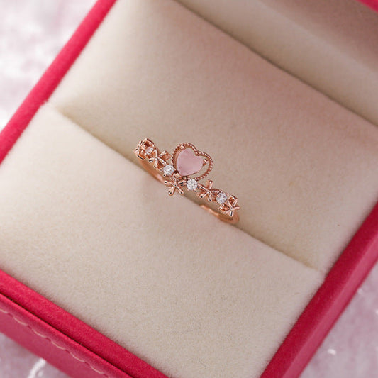 Bague réglable en or avec cœur rose et zirconium
