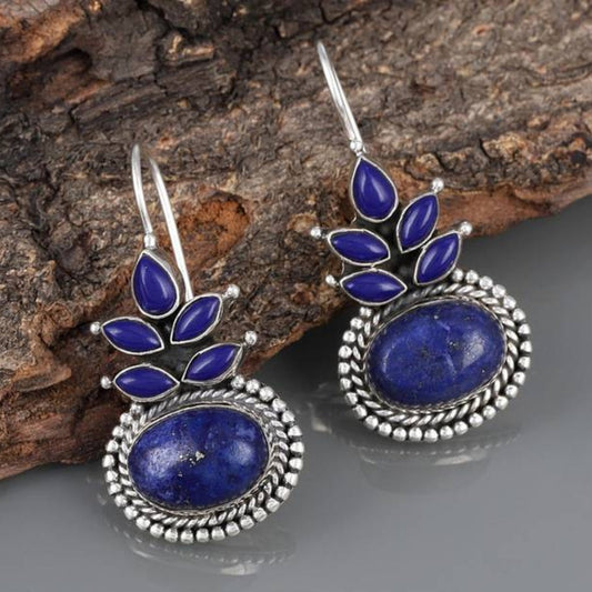 Boucles d'oreilles bohèmes avec opale bleue et fleurs en argent sterling