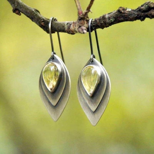 Boucles d'Oreilles Bohèmes en Argent avec Éclat de Pierre Jaune