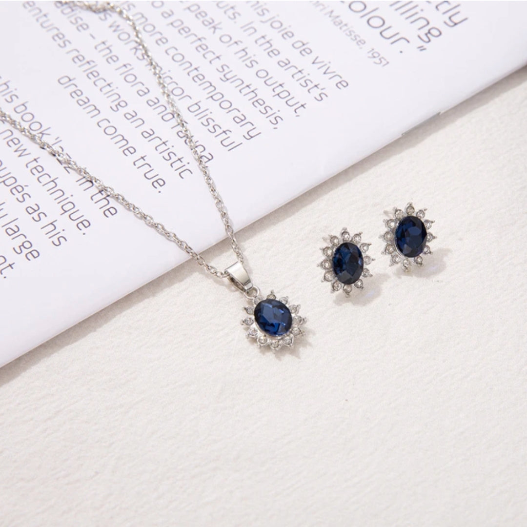 Éblouissant Ensemble de Collier et Boucles d'Oreilles en Argent avec Saphir et Zircon