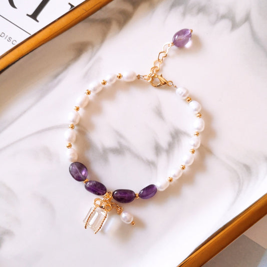 Élégant Bracelet en Or avec Perles et Pierres Violettes✨