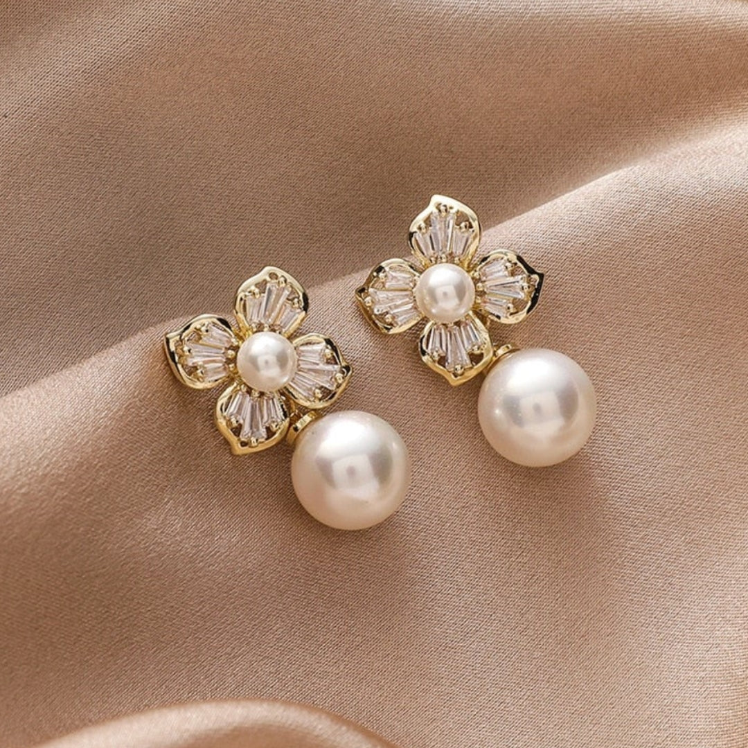 Boucles d'oreilles Cristal Fleur avec Perles en Or
