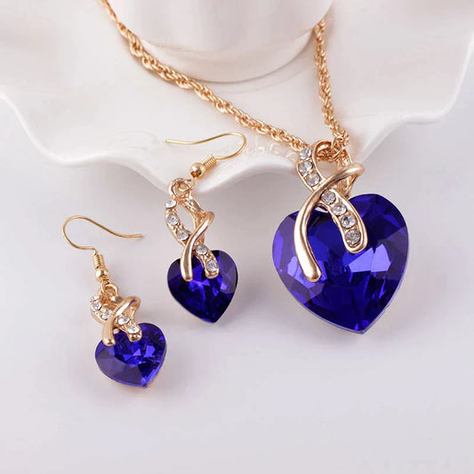 Élégant Ensemble de Collier et Boucles d'Oreilles Amour en Or 18K avec Zircon Bleu Étincelant
