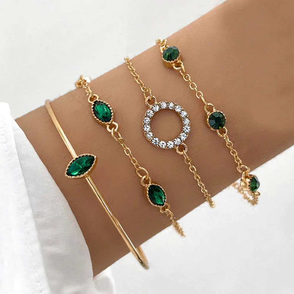 Ensemble de Bracelets Éclatants en Or avec Cristaux Verts Étincelants