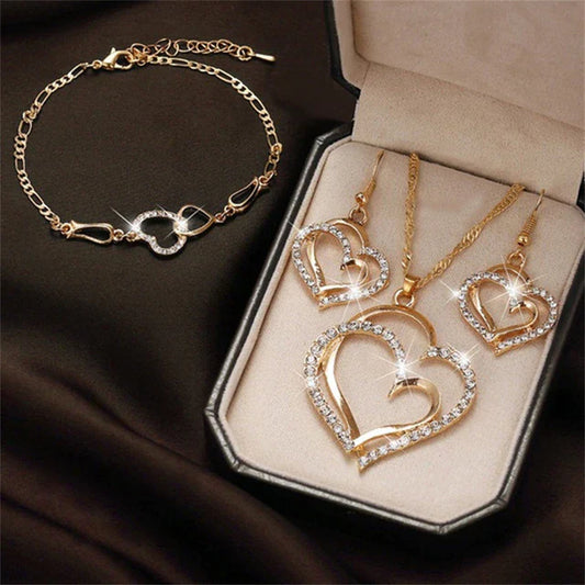 Elégant Ensemble de Collier et Boucles d'Oreilles Romantiques en Or Richement Sertis de Zircons