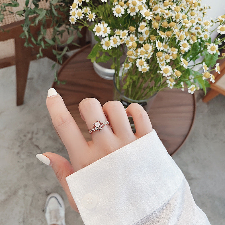 Bague réglable en or avec cœur rose et zirconium