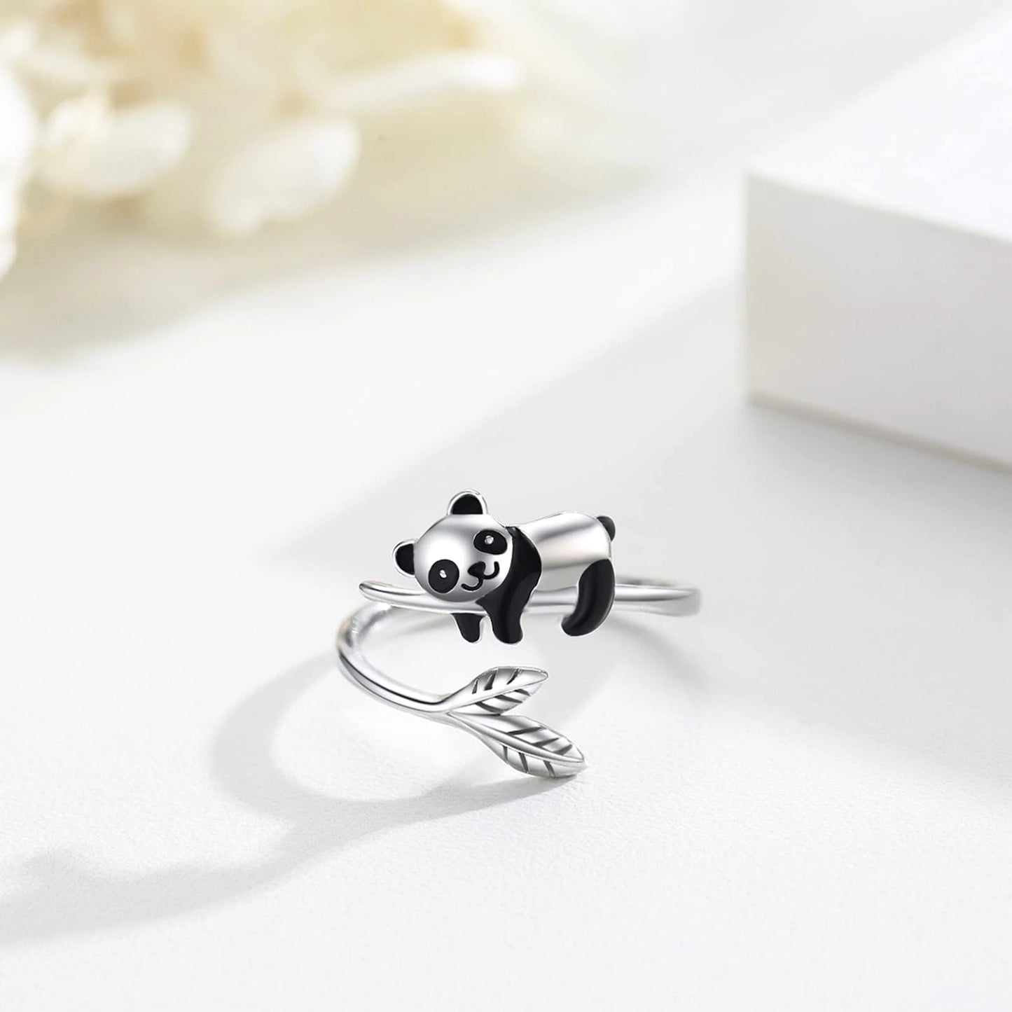 Adorable Bague Ajustable en Argent Sterling 925 avec Motif de Panda