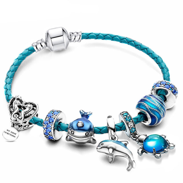 Élégant bracelet océan avec breloques en cuir et argent incluses