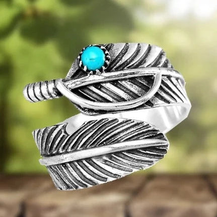 Bague réglable en turquoise à plumes bohèmes