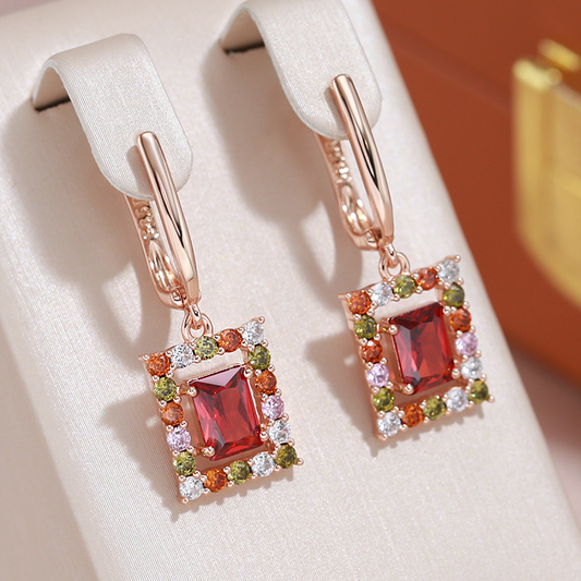 Boucles d'oreilles élégantes en cristal cube rouge et or