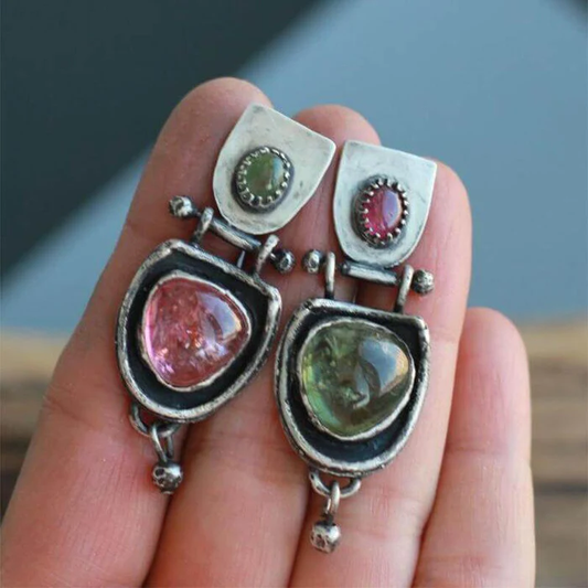 Boucles d'oreilles vintage rectangulaires rouges et vertes