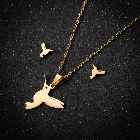 Collier et boucles d'oreilles colibri dorés