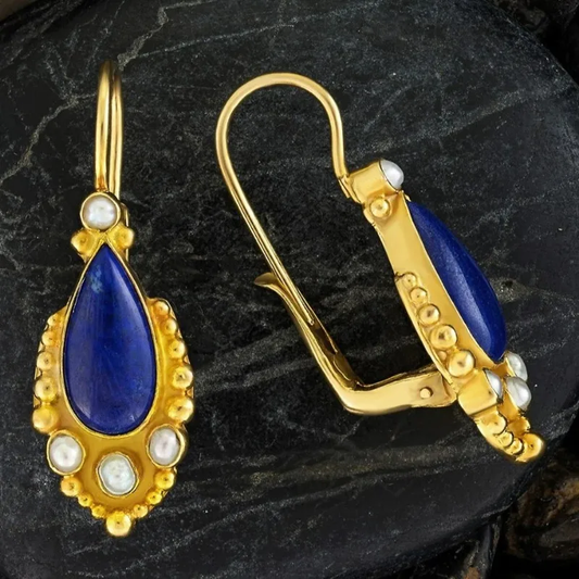 Boucles d'oreilles vintage bleues en or avec perles