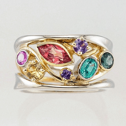 Bague vintage en or et argent avec zircone colorée