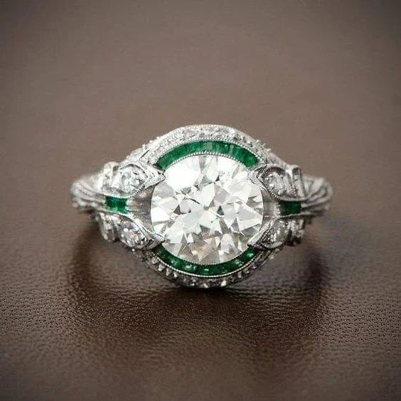 Bague en verre vert vintage avec zircon blanc