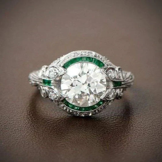 Bague en verre vert vintage avec zircon blanc