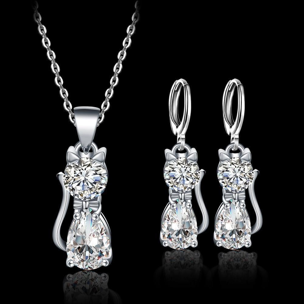 Ensemble Collier et Boucles d'Oreilles Happy Cats en Argent Sterling et Zircons Blancs Poli