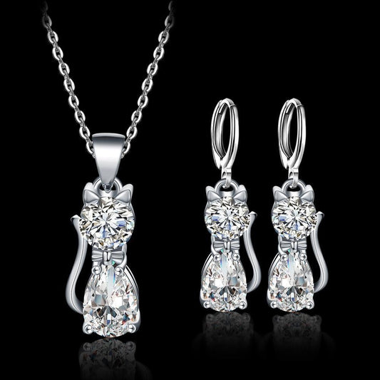 Ensemble Collier et Boucles d'Oreilles Happy Cats en Argent Sterling et Zircons Blancs Poli